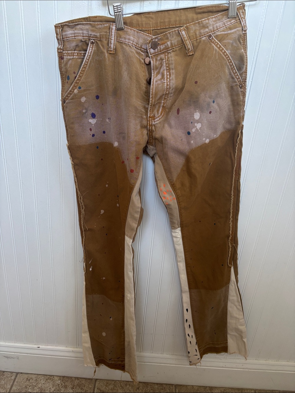 MNML Men's Tan Straight Jeans with Paint-Splatter Detail